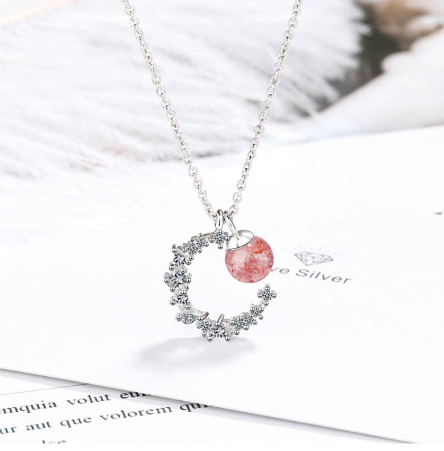 Strawberry Crystal Moon Pendant Necklace