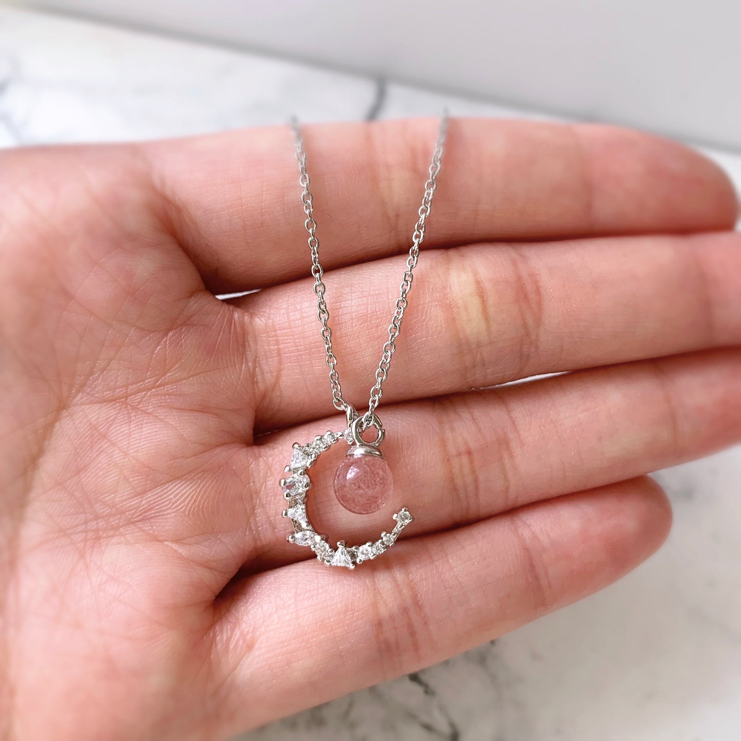 Strawberry Crystal Moon Pendant Necklace