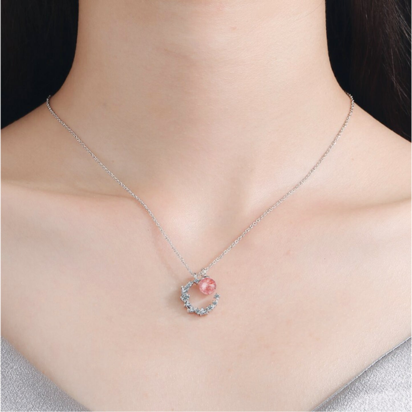 Strawberry Crystal Moon Pendant Necklace