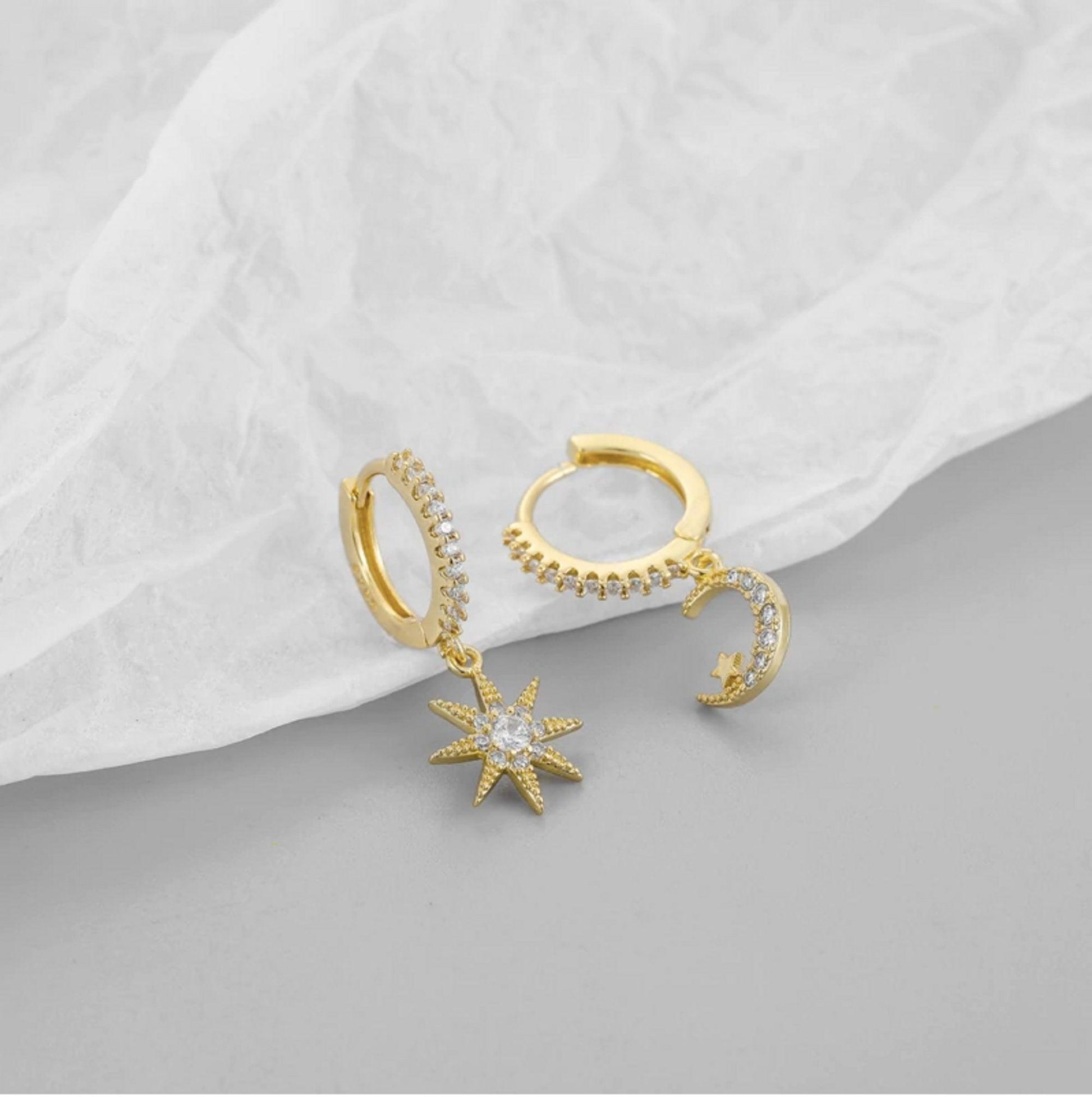Moon Star Asymmetric Gold Hoop Earrings - Crystolver | Healing Crystal Gift Shop