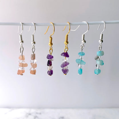 Natural Gemstone Chip Earrings Sunstone (pink) Silver
