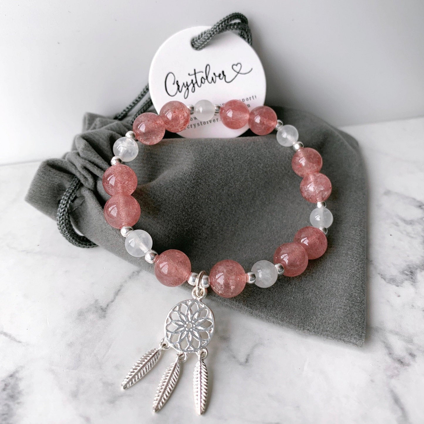 Love Relationship Strawberry Quartz x Moonstone Bracelet - Crystolver | Healing Crystal Gift Shop