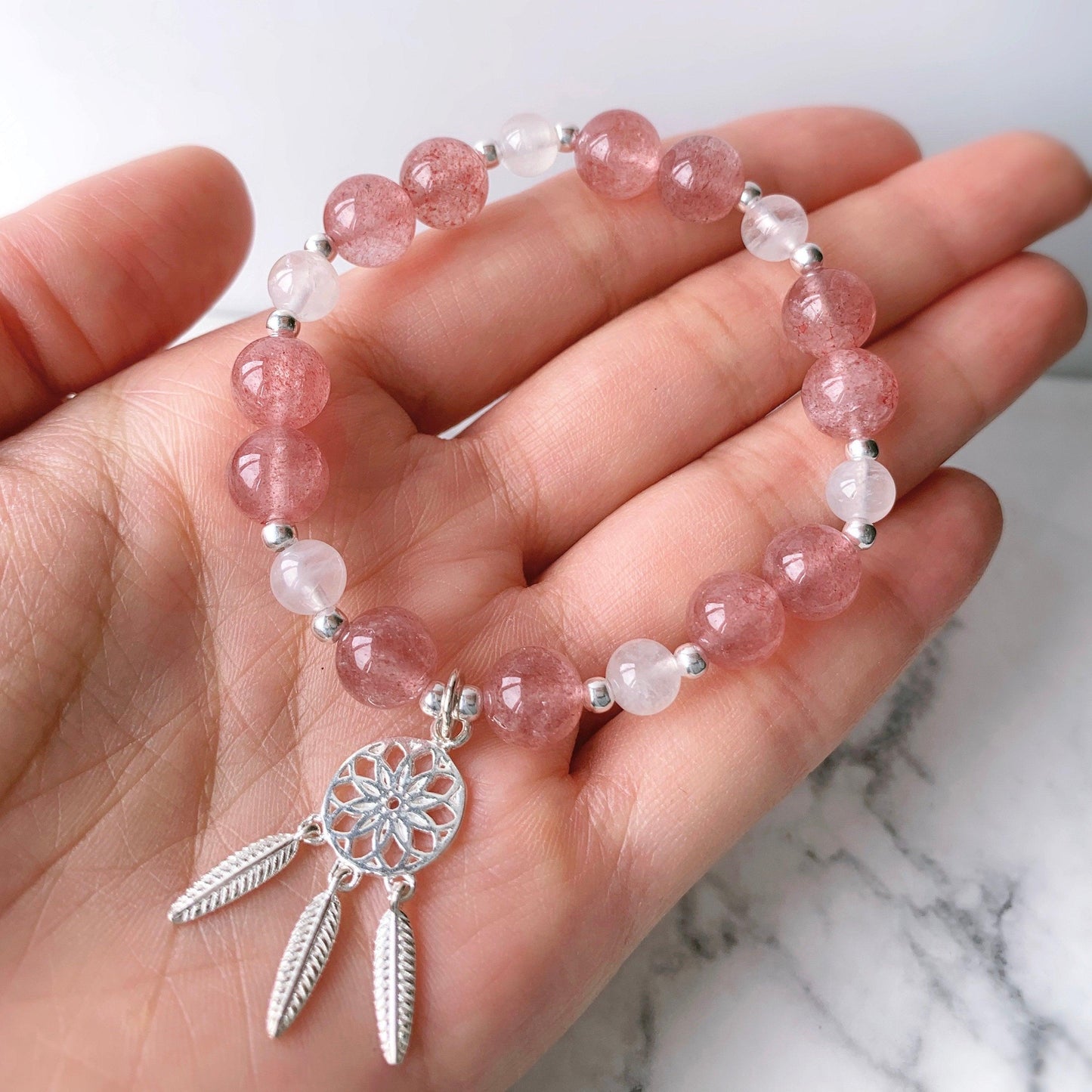 Love Relationship Strawberry Quartz x Moonstone Bracelet - Crystolver | Healing Crystal Gift Shop