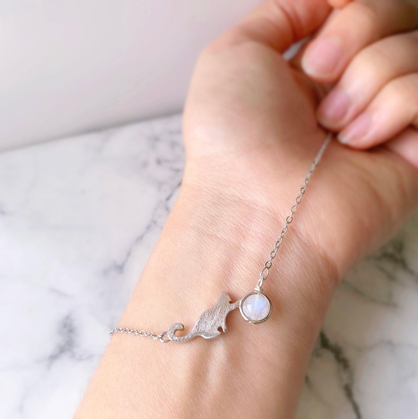 Moonstone Cute Cat Bracelet - Crystolver | Healing Crystal Gift Shop