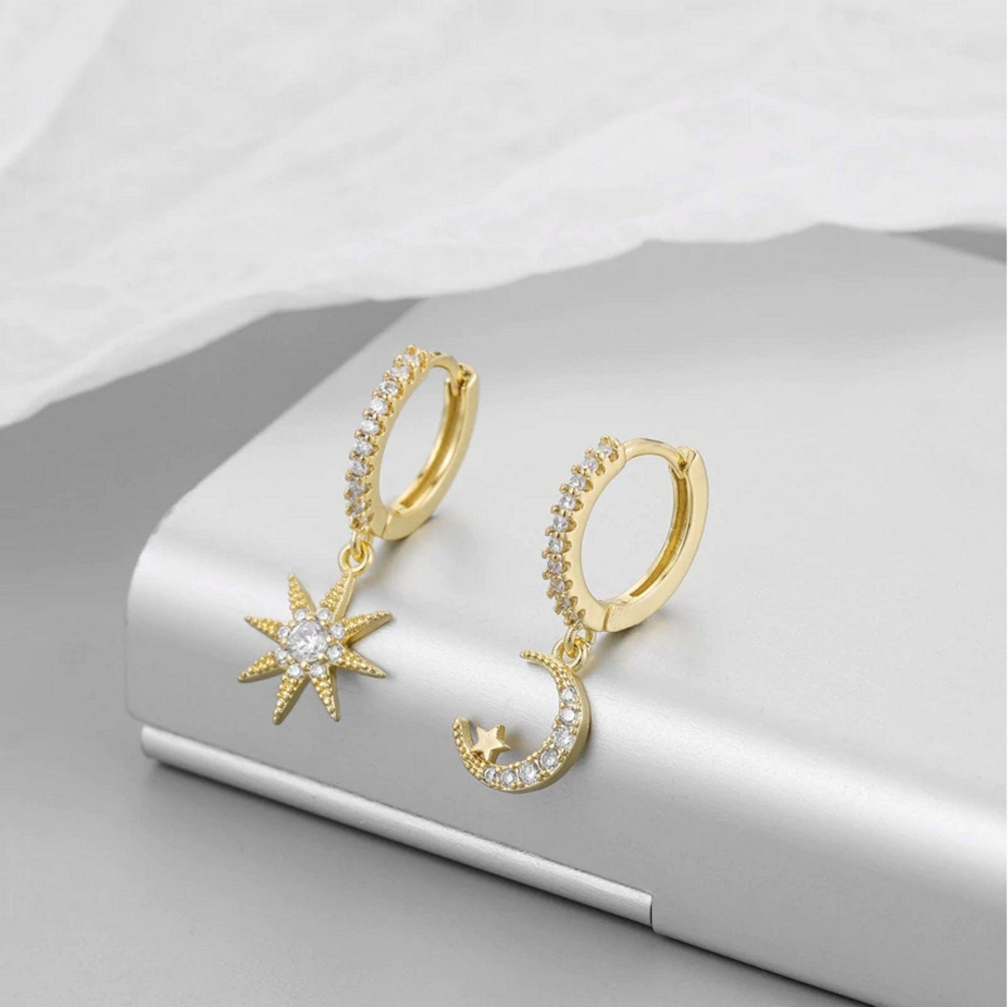 Moon Star Asymmetric Gold Hoop Earrings - Crystolver | Healing Crystal Gift Shop
